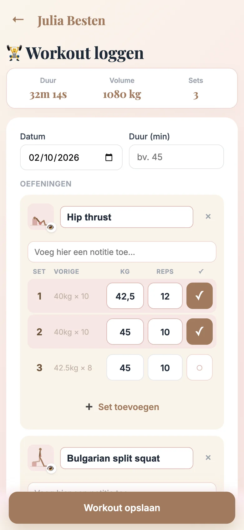 Workout loggen in de Julia Besten app